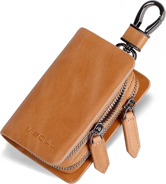 VISOUL Car Key Case Holder Double Zipper, Leather Car Smart Key Fob Case with Keychain for Men and Women