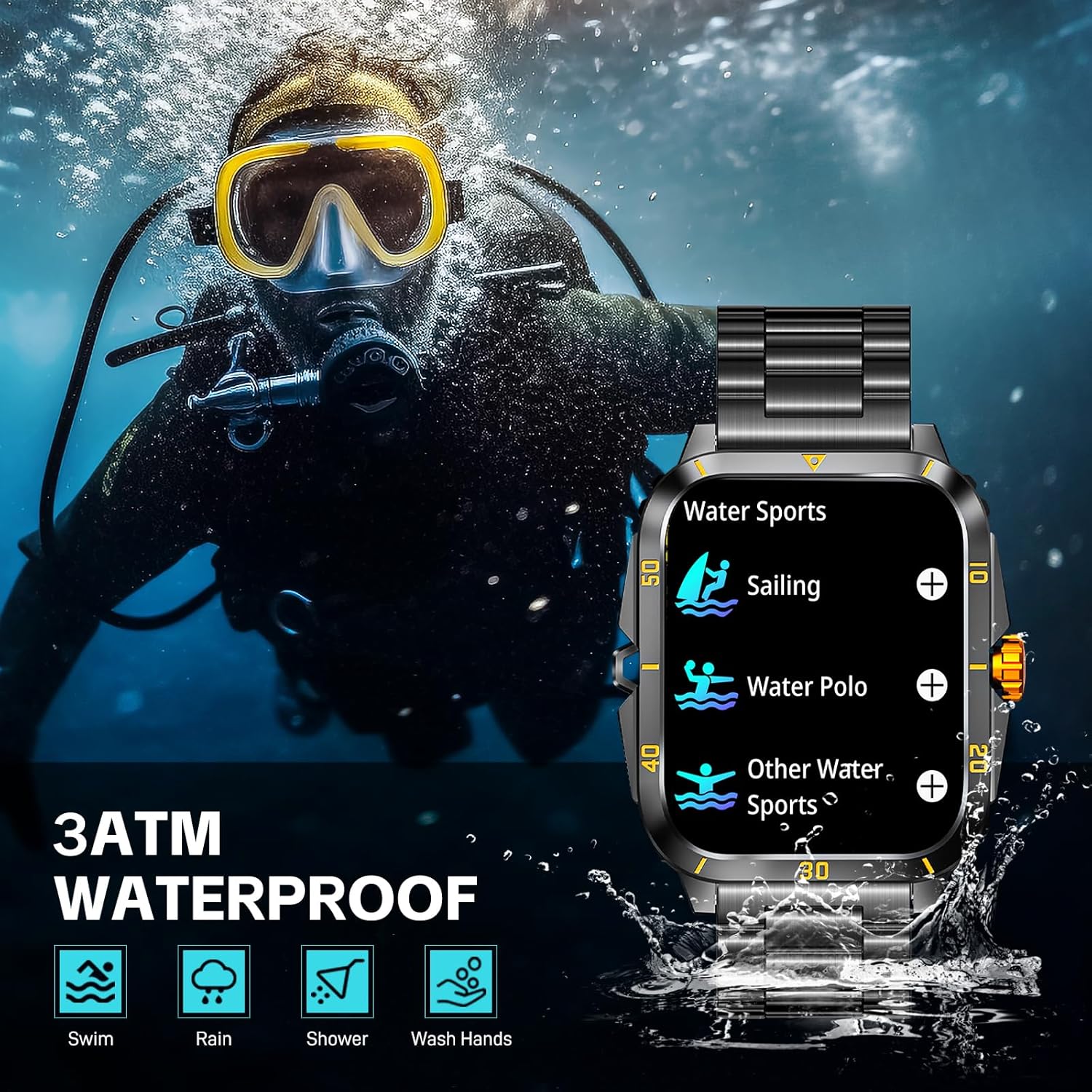 Military Smart Watches for Men (Make/Answer Call) 1.96" Screen Outdoor Activity Tracker with 100+ Sport Modes Health Monitor 3ATM Waterproof Smartwatch