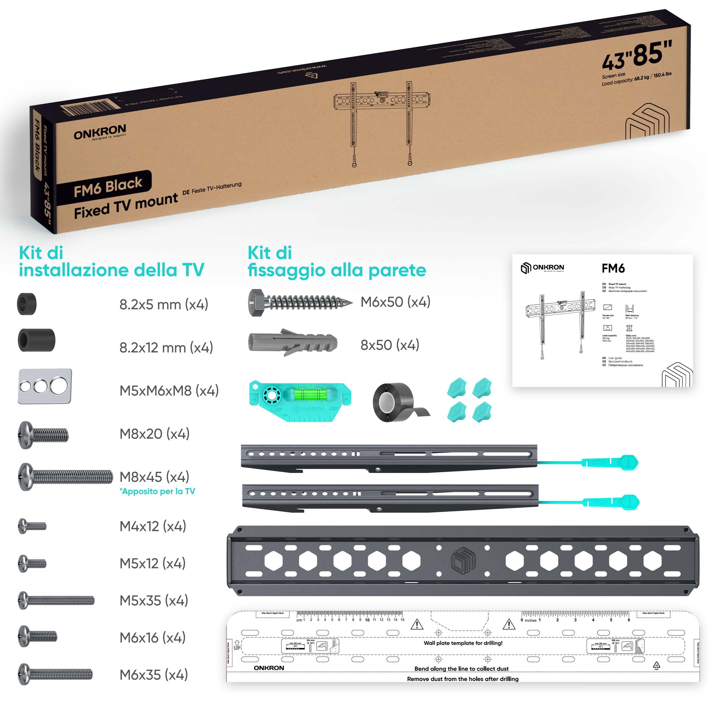 ONKRON Supporto TV Parete Fisso 43-85 pollici VESA 75x75-600x400 mm Carico 68,2 kg Nero