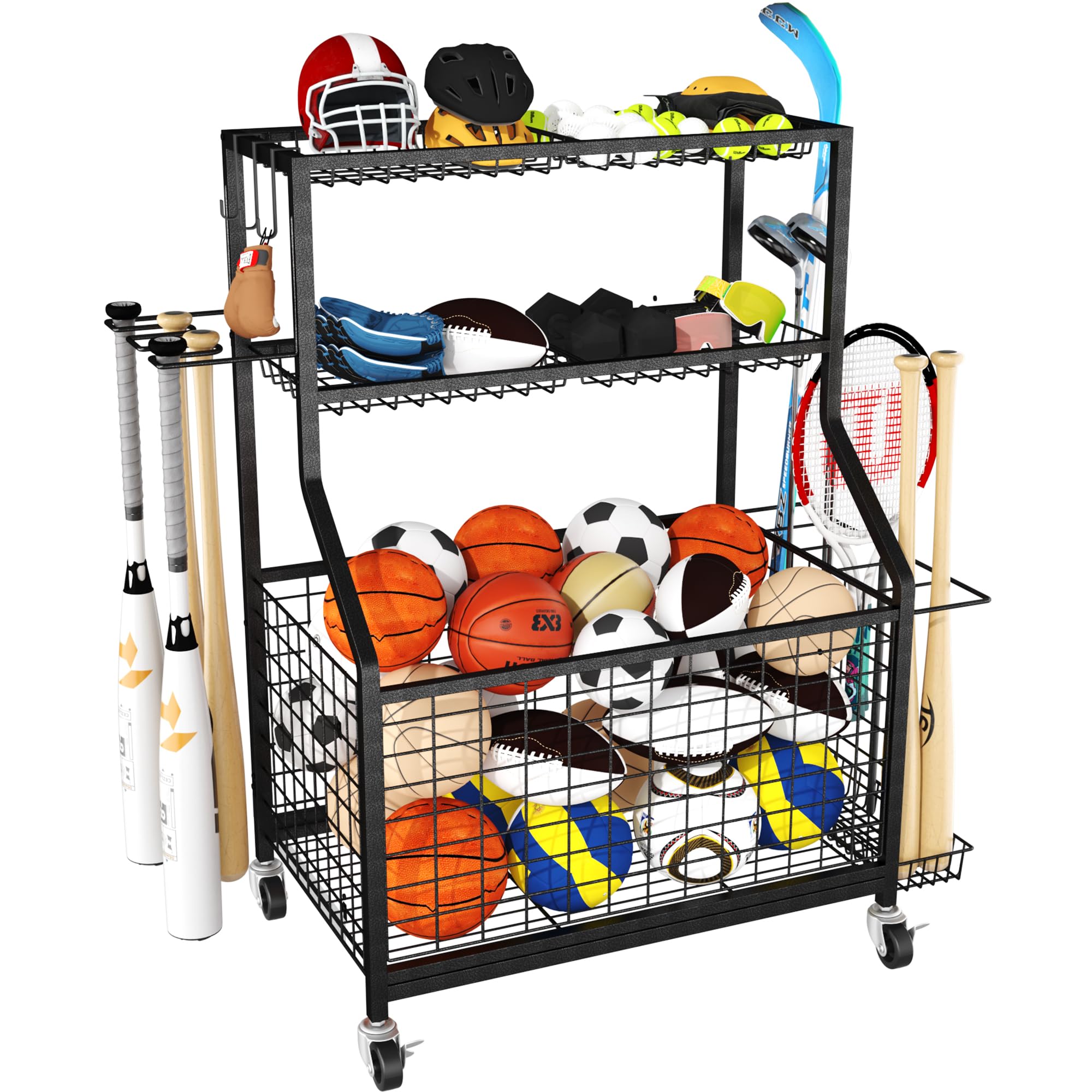 HOMPLE Garage Sports Equipment Organizer, Ball Storage Rack with Wheels,Sports Gear Organizer for Garage Indoor Outdoor,Rolling Cart with Basket and Hooks