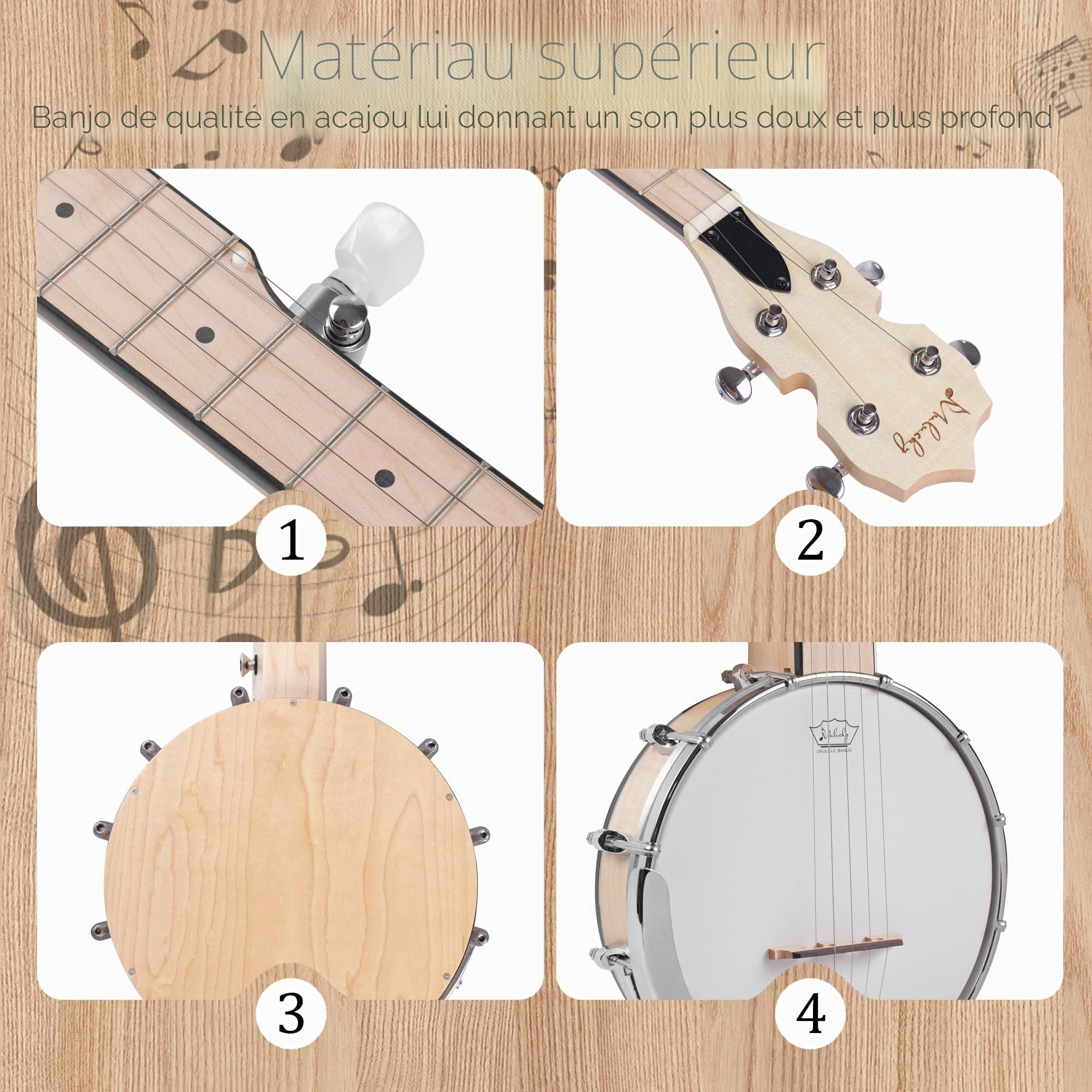 Banjo à 5 cordes Mini - Mulucky 66 cm en érable, dos solide fermé Kit de débutant avec sac de transport, accordeur, médiators, sangle, cordes - B805