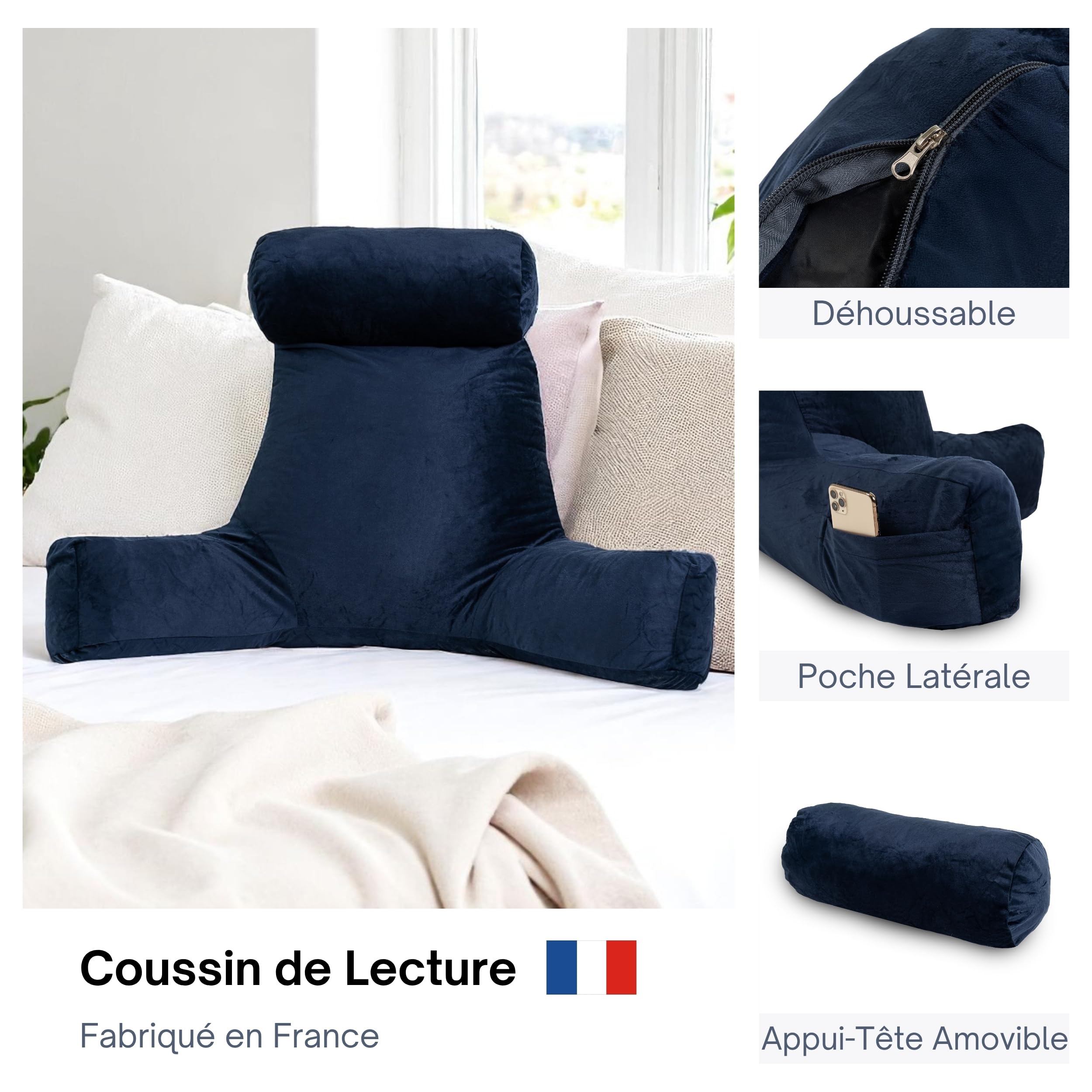 bananair - Coussin de Lecture Velours - Fabriqué en France - Housse Lavable - Soutien Dorsal Optimal - Accoudoirs Pratiques & Assise Ergonomique - Oreiller/Fauteuil de Lecture (Bleu)
