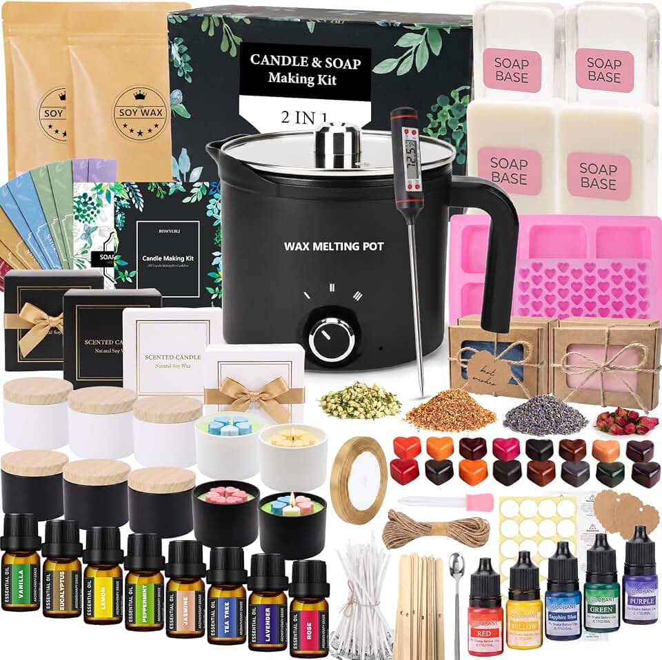 BISWYLBLJ Candle &amp; Soap Making Kit for Adults,Complete DIY Craft Gift Kit | 2-in-1 Candle&amp;Soap Making Supplies with Soap Base,Soy Wax,Melting Pot Etc,Craft Gift Making Suitable for Beginners