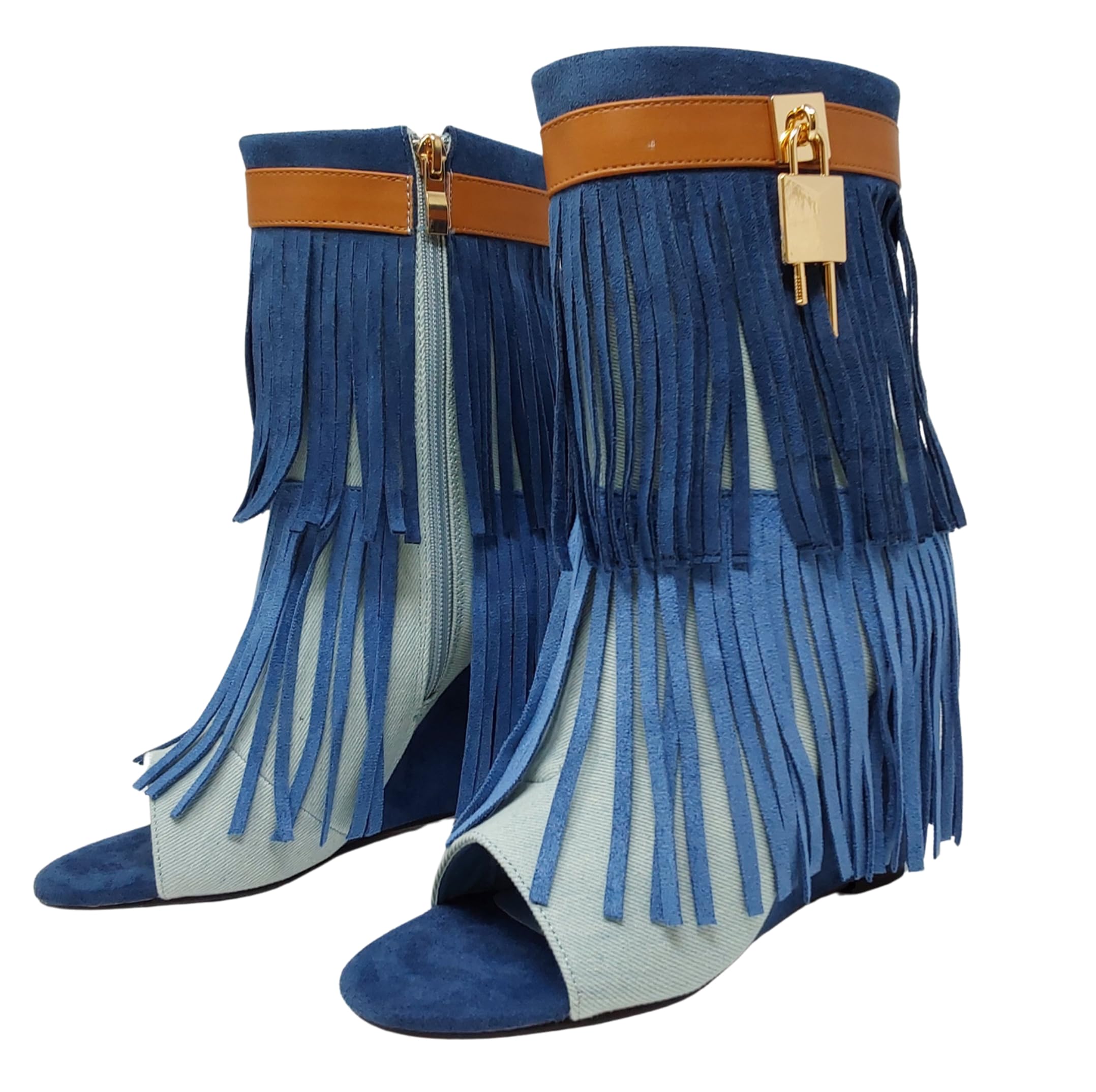 Womens Open Toe Tassel Fringe Wedge Heel Bootie with Gold Zipper Detail