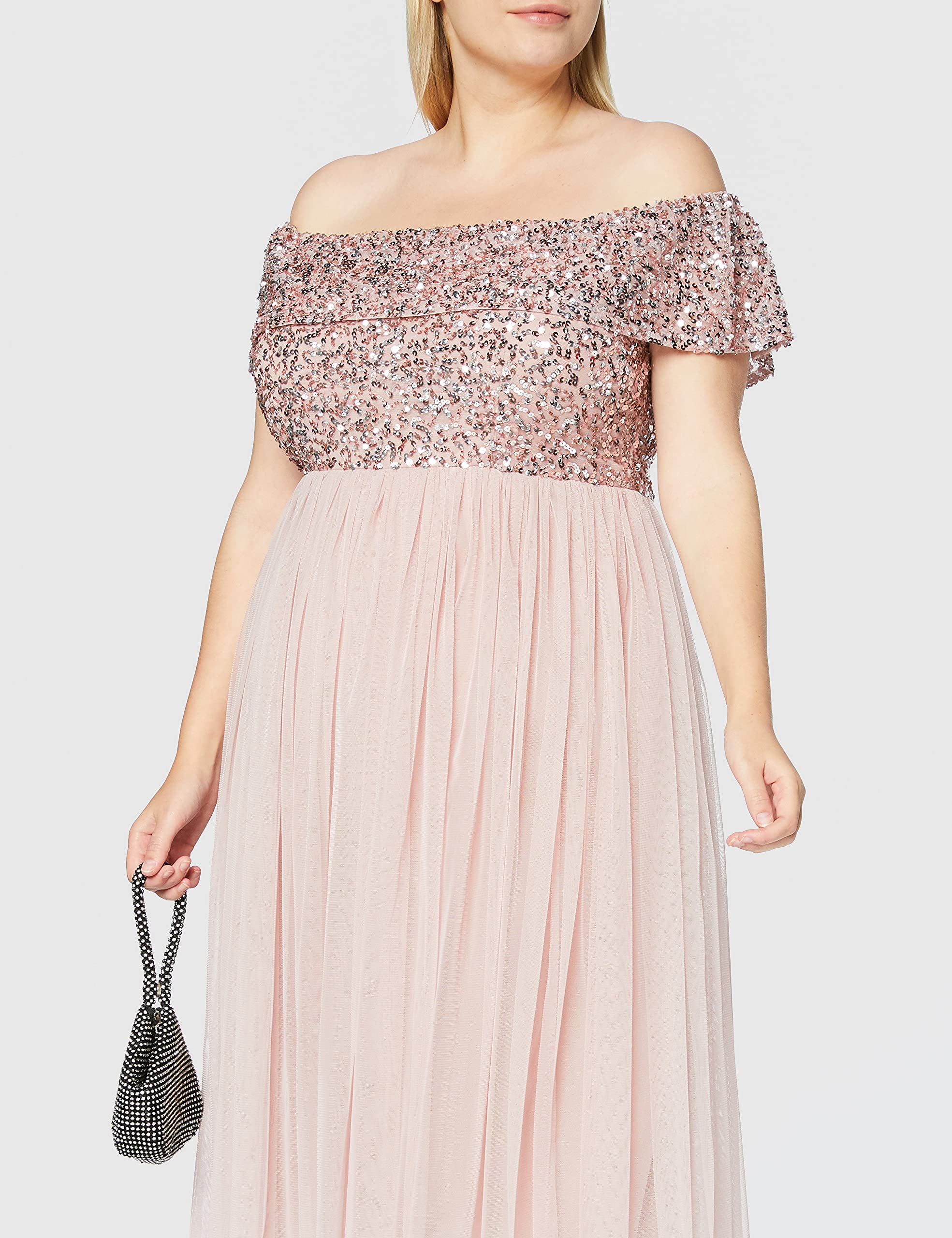 Maya Deluxe Ladies Bardot Dresses Women Midi High Empire Waist Sequins Embellished Formal Evening For Wedding Guest Vestido de Dama de Honor para Mujer