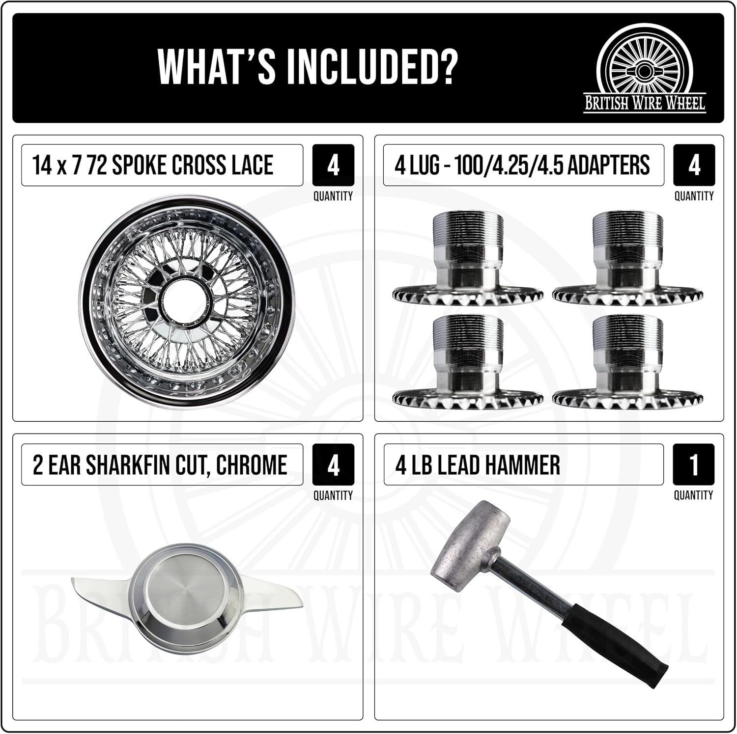 14x7 Reverse 72 Spoke Cross Lace Wire Wheels w/ 2 Ear Cut Knock Off Spinner Caps + Chrome Adapters 4x100, 4x4.25, 4x4.5 | Chrome Deep Dish Lowrider Rims | Set of 4 + Lead Hammer