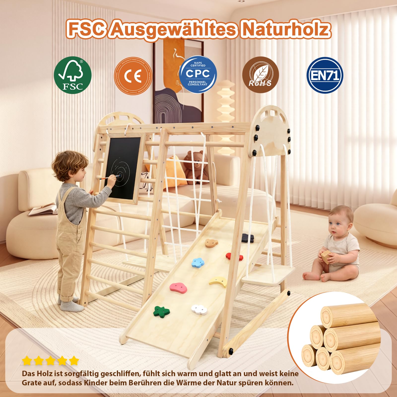 Montessori - Struttura da arrampicata per interni, a partire da 1 anno, 8 in 1, multifunzionale, per bambini, con scivolo, altalena, parete da arrampicata, rete da arrampicata, in legno