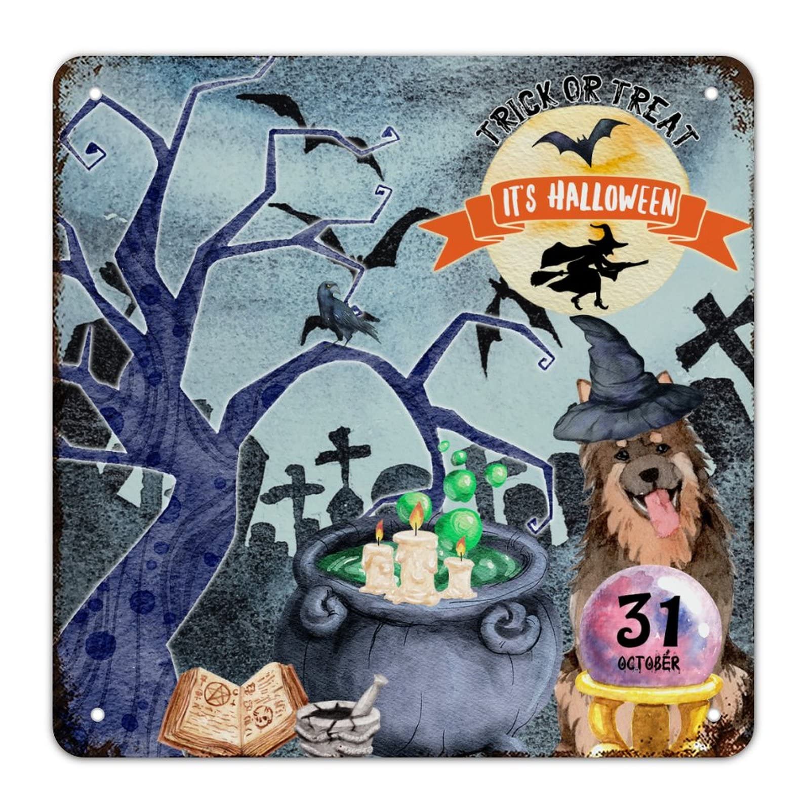 Plaque métal Halloween sorcière et bouledogue pour déco murale de chambre
