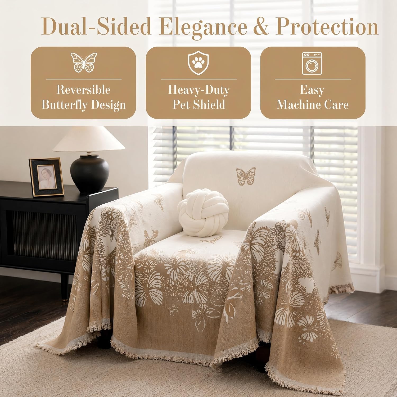 51x71 Chenille Couch Cover Reversible Sofa Slipcover with Tassels