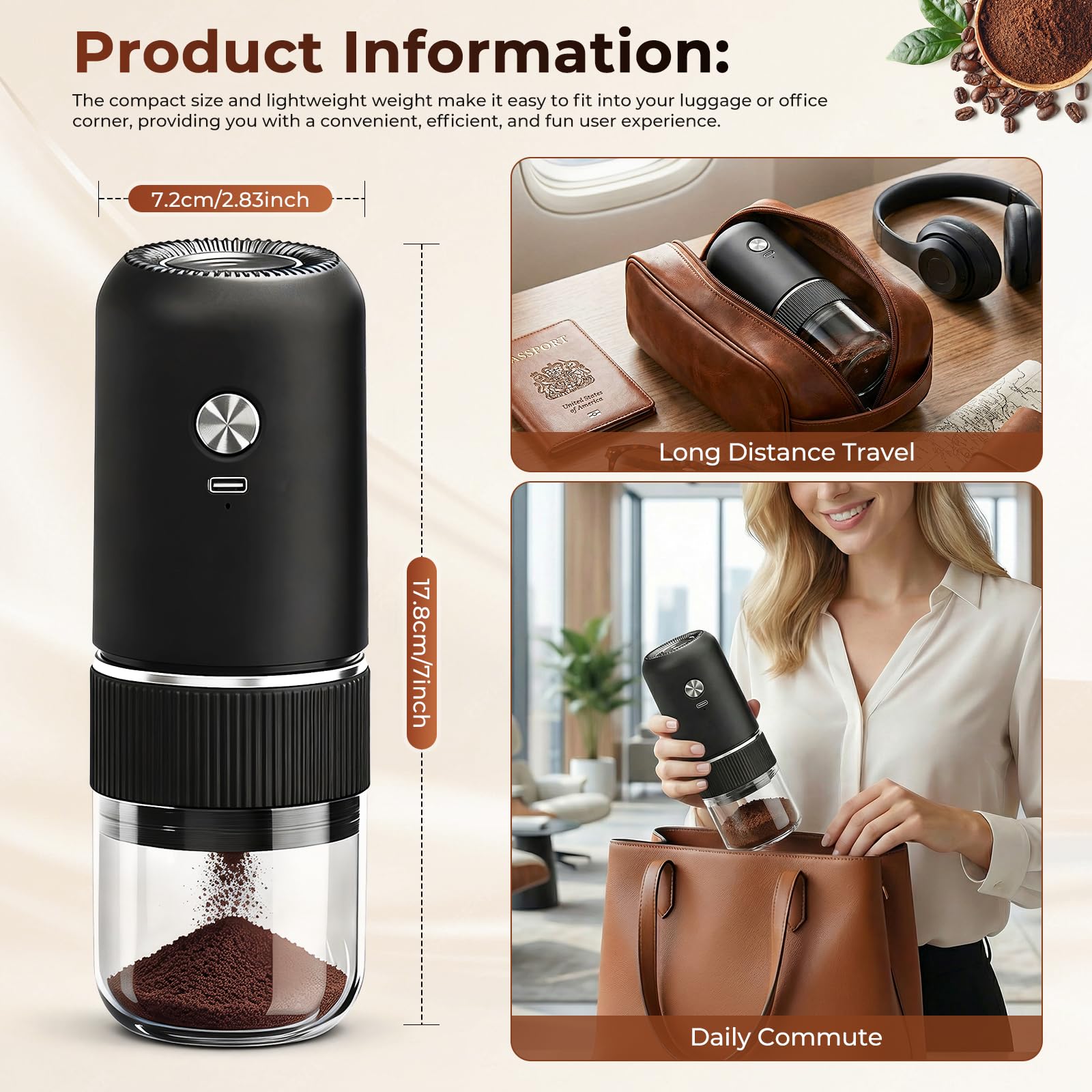 Macinacaffè Elettrico, Coffee Grinder Portatile con Macina Conica in Ceramica, USB Ricaricabile, Macina Caffè Granulometria Regolabile per Semi e Spezie, per Casa, Ufficio, Viaggi e Campeggio