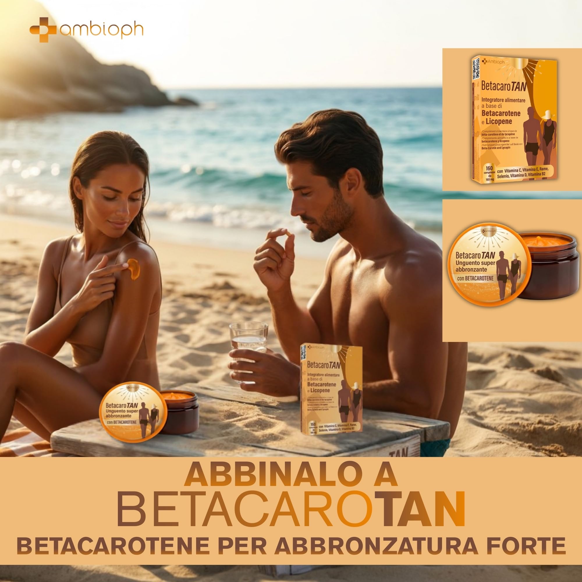 CREMA ABBRONZANTE CORPO Accelleratore abbronzatura con Betacarotene per abbronzatura forte, con Vitamina E Olio di Ricino e Olio di Mandorle Dolci. Attivatore Abbronzatura, Ambioph