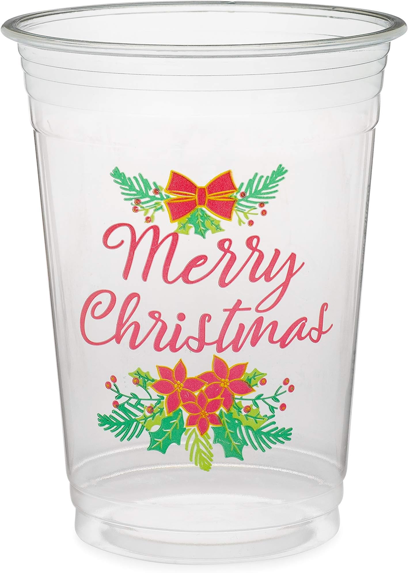 Greenhouse Compostables , Merry Christmas Clear Cold Cups, 100 Count, 16 oz, 100% Compostable - Red Poinsettias And Green Holly, Christmas Holiday Party Disposable Cups