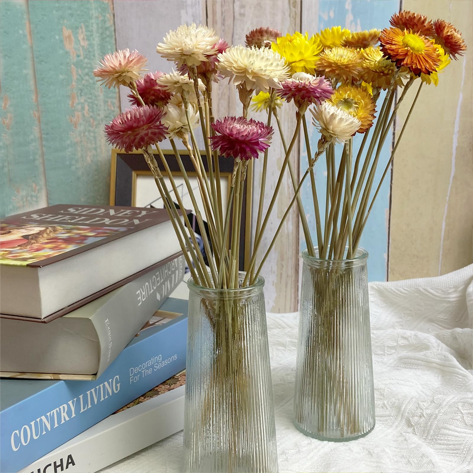 L'BREVOGA Bouquets de fleurs séchées, 16 pièces 100 % naturelles marguerites fraises pour décoration de fête à la maison – Rose et blanc
