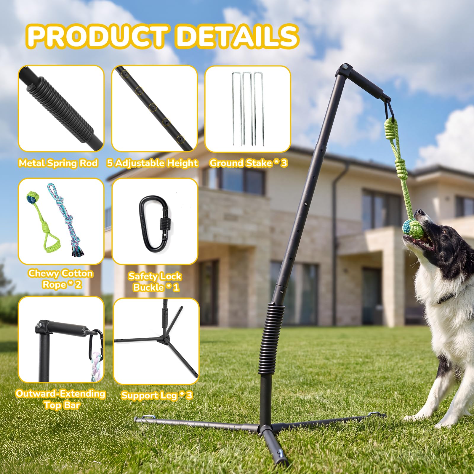 CATISM Tether Tug Dog Toy, palo a molla con paletti a terra, 89-122 cm
