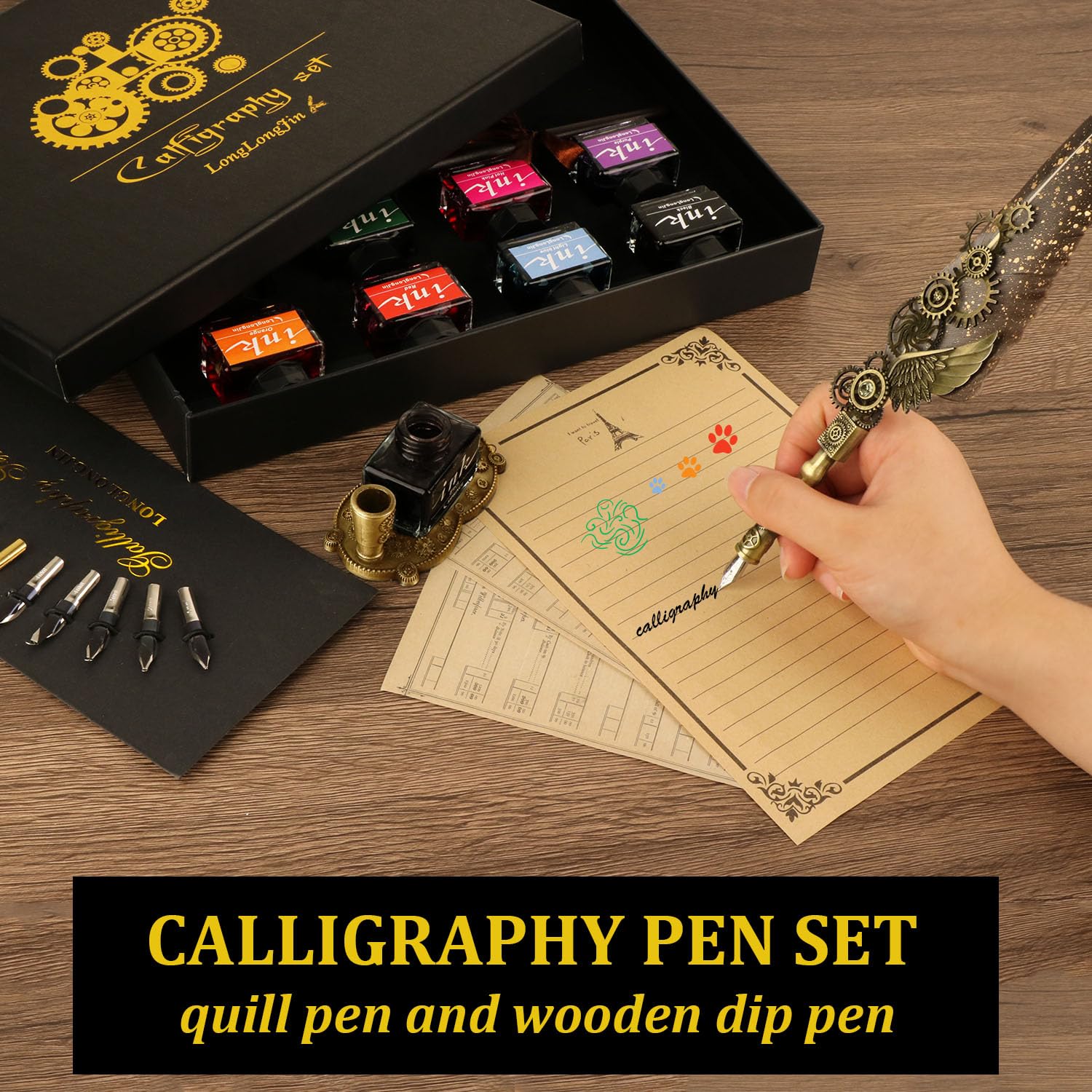 Kalligraphie-Stift-Set mit Feder und Tinte in 8 Farben, Feder und Holz-Tauchstift, 11 Federn (grau)