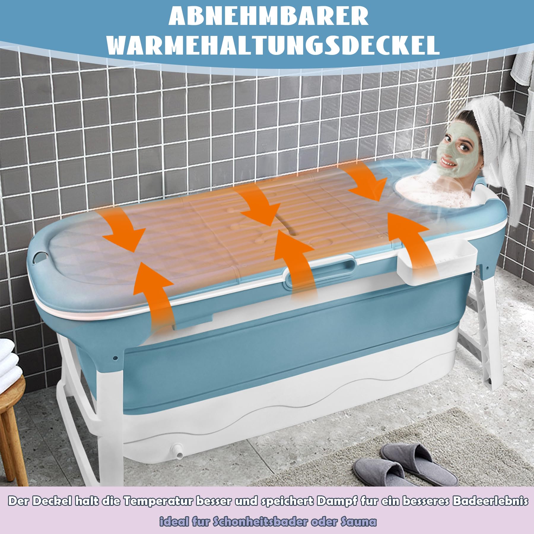 SUBTLETY Baignoire pliable pour adulte - Portable - Avec couvercle - Panier à savon et rouleaux de massage - À poser dans la douche - Idéal pour les petites salles de bain SPA (128 x 60 x 52 cm, bleu)
