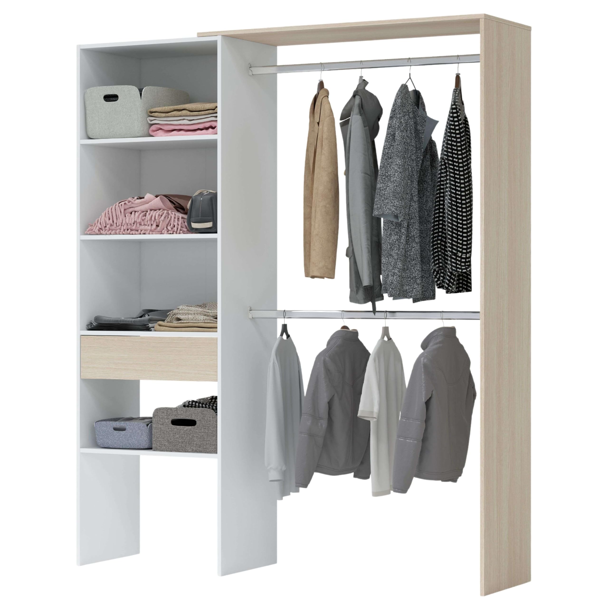 Habitdesign Armario Vestidor, Armario 2 Barras 4 Estantes 1 Cajón, 187x158x40 (AltoxAnchoxFondo - en cm), Vestidor Reversible Color Blanco Artik y Roble
