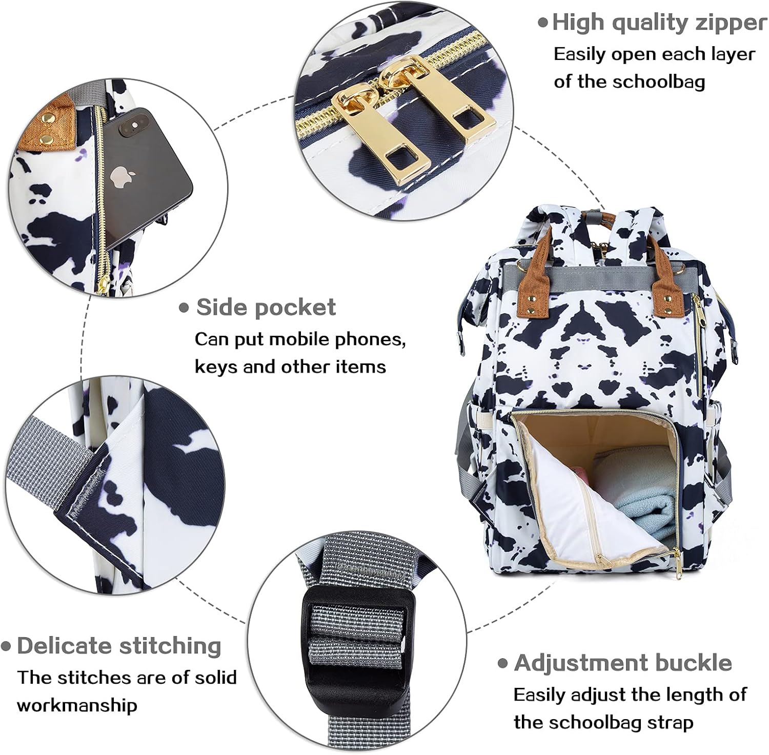 LIMHOO 4 in 1 Diaper Bag Backpack Set for Baby Girls Mom Large Capacity Waterproof Baby Care Bag Multi-Function Nappy Bag (Cow)