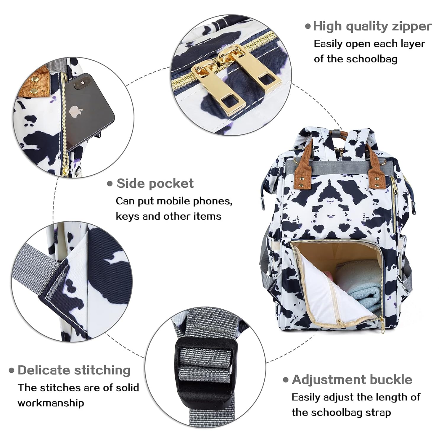 Diaper Bag Backpack, Waterproof Baby Care Bag, Women Travel Baby Nappy Changing Bag (Cow) - Image 4