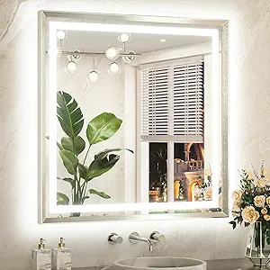 TETOTE Led Bathroom Mirror 36 x 36 with Brushed Bright Nickel Frame Anti-Fog Frontlit & Backlit Vanity Mirror Stepless Dimmable 3 Colors White/Warm/Natural Wall-Mounted
