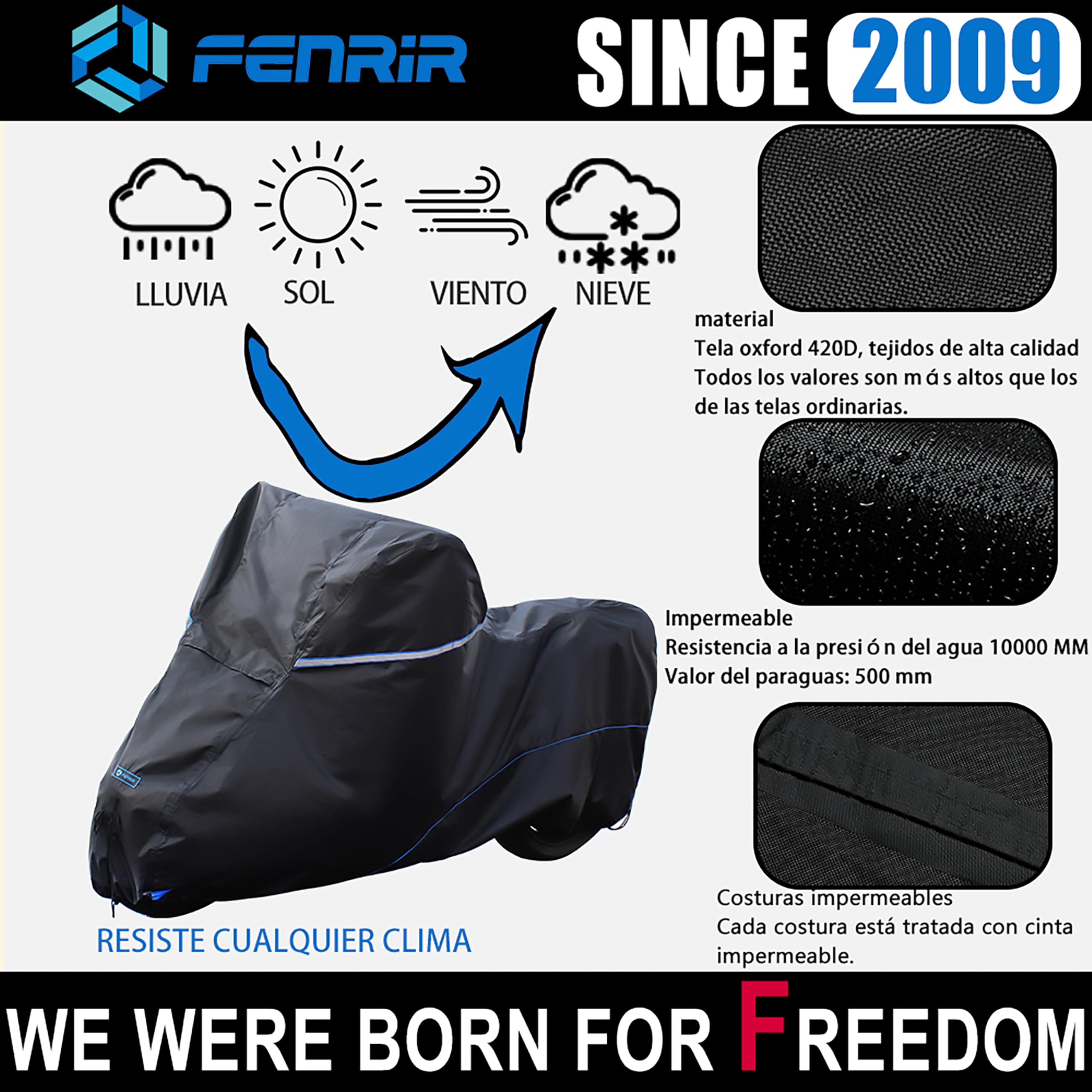FENRIR 220CM 420D Funda Moto Impermeable Cubierta para Motocicleta Exterior Resistente al Calor Tubo de Escape Anti-quemadura Protectora por Super Deporte Enduro Naked de la Calle Scooter Motocross