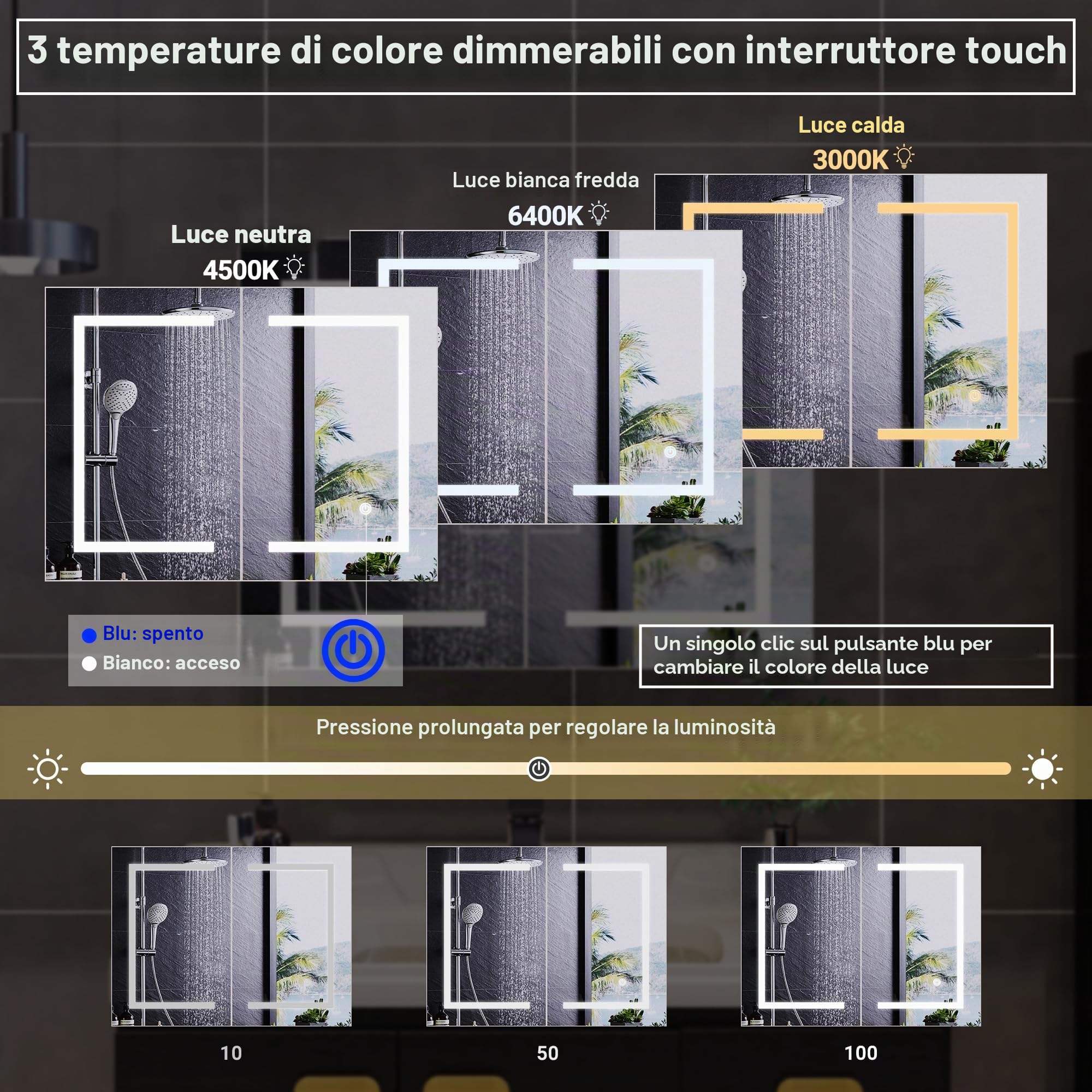 Specchio bagno contenitore con luce, 80 x 13,5 x 60 cm, Mobiletto Specchio Bagno Sospeso con 2 Ante, ripiano regolabile, luminosità regolabile, armadietto specchio bagno (bianco, 80 x 60 cm)