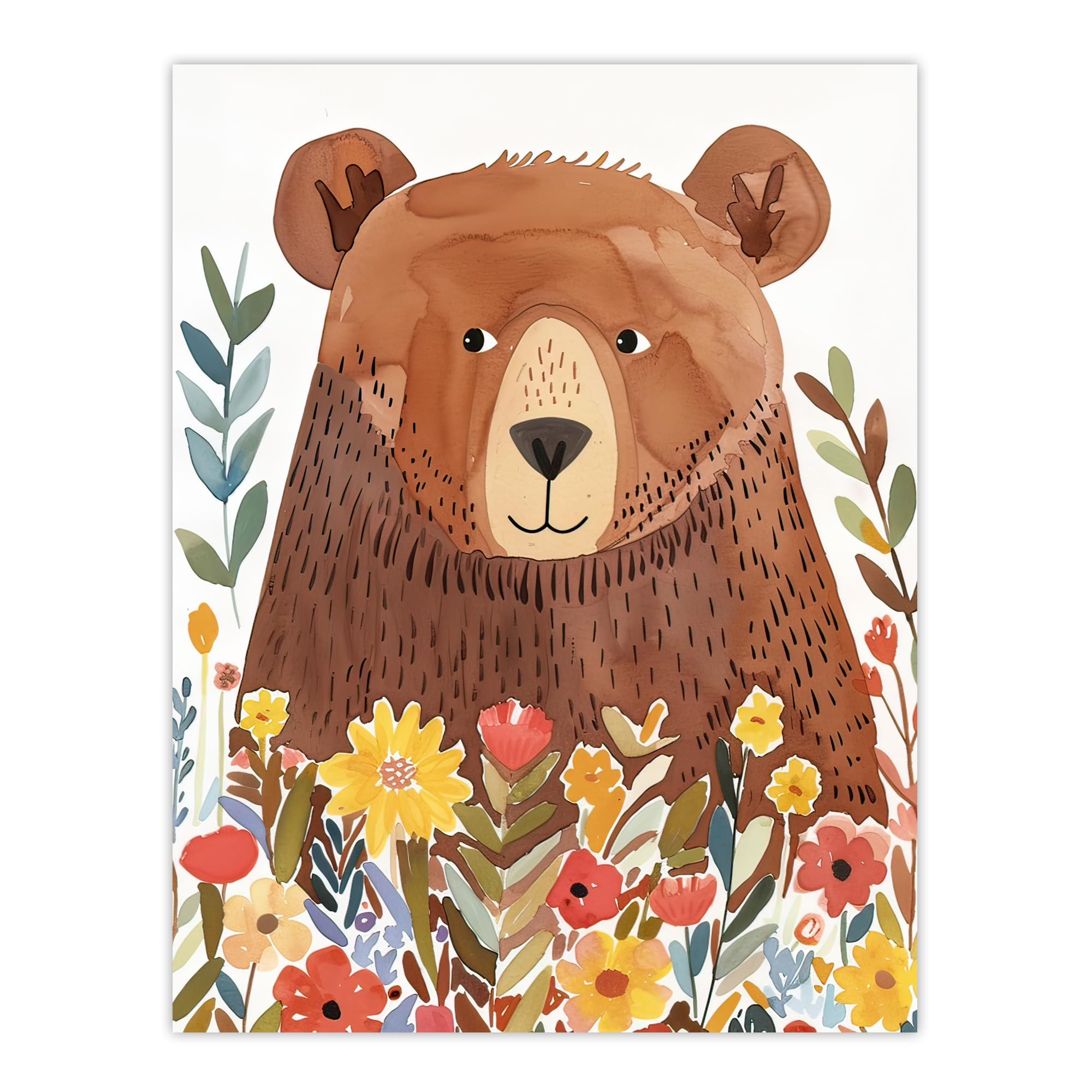 Artery8 Happy Brown Bear in Wildflower Patch Watercolour Kids Bedroom Nursery Large Wall Art Poster Print Thick Paper 18X24 Inch