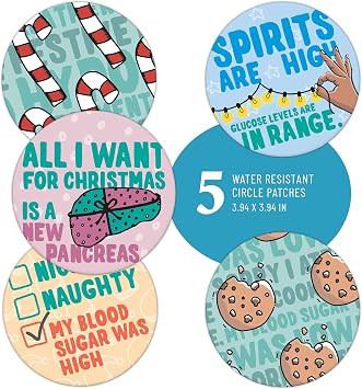RockaDex Christmas Design Adhesive Patches 5 Mix Pack Compatible with Dexcom, Libre, Medtronic and Omnipod - Manufactured by a Type 1 Family. Full Circle no Inner Cut