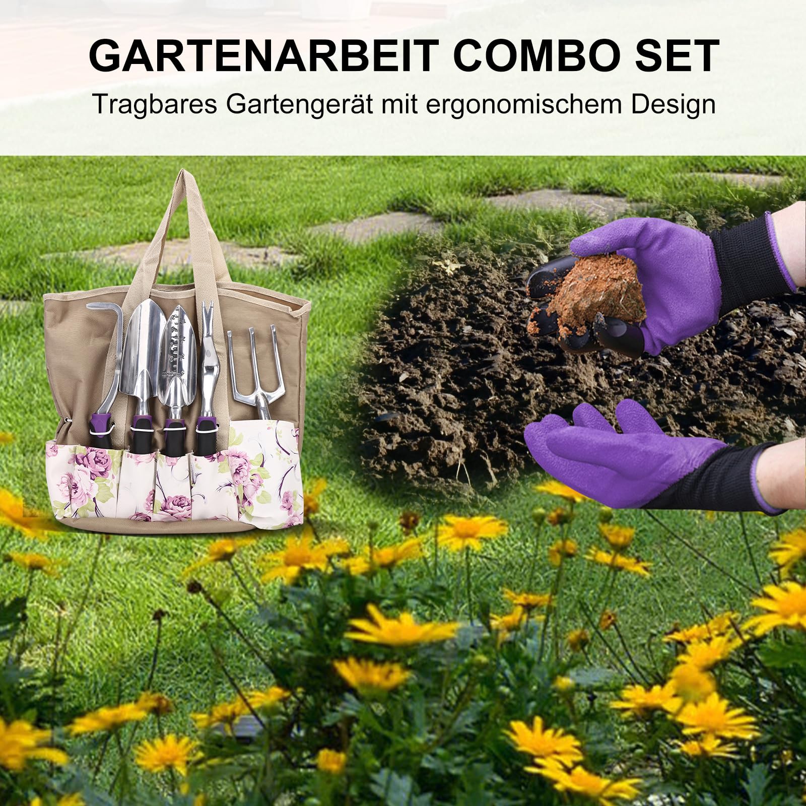 7-tlg. Gartengeräte Set - Aluminium, Mit Aufbewahrungstasche, Ergonomisch