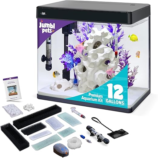 JumblPets Premium Fish Aquarium Kit, Complete Glass Fish Tanks Set with LED, Filtration System & Set, Hood & Lid, Bubbler Kit, Heater, Thermometer & Net, Ideal for Freshwater/Marine Fish, 12 Gallon