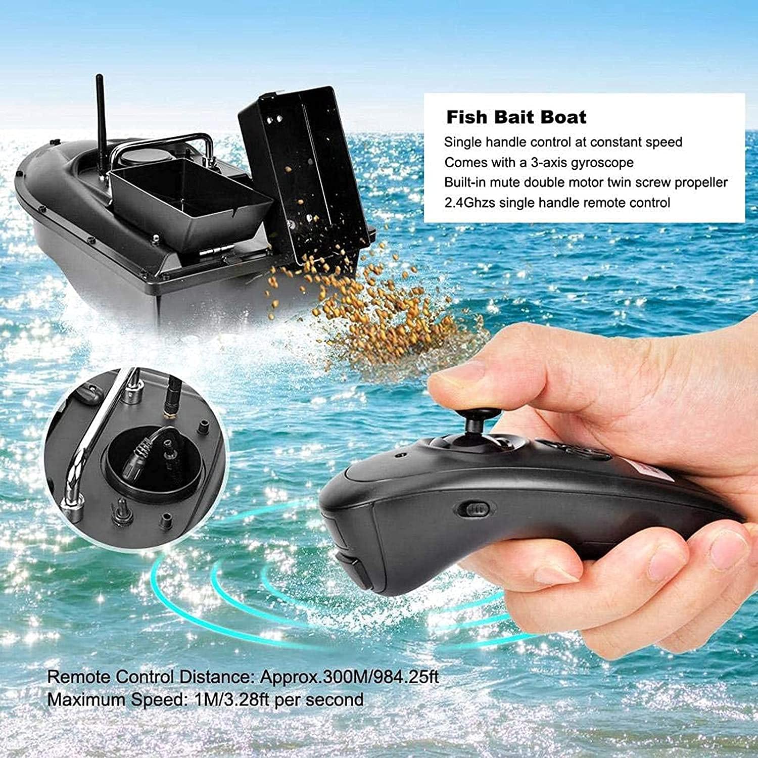 Barco de Pesca con Cebo RC, Barco de Pesca con Cebo a Control Remoto, 2 Horas de autonomía, 1,5 kg, Resistente al Viento y a la Hierba, 500 m, con luz LED de navegación.