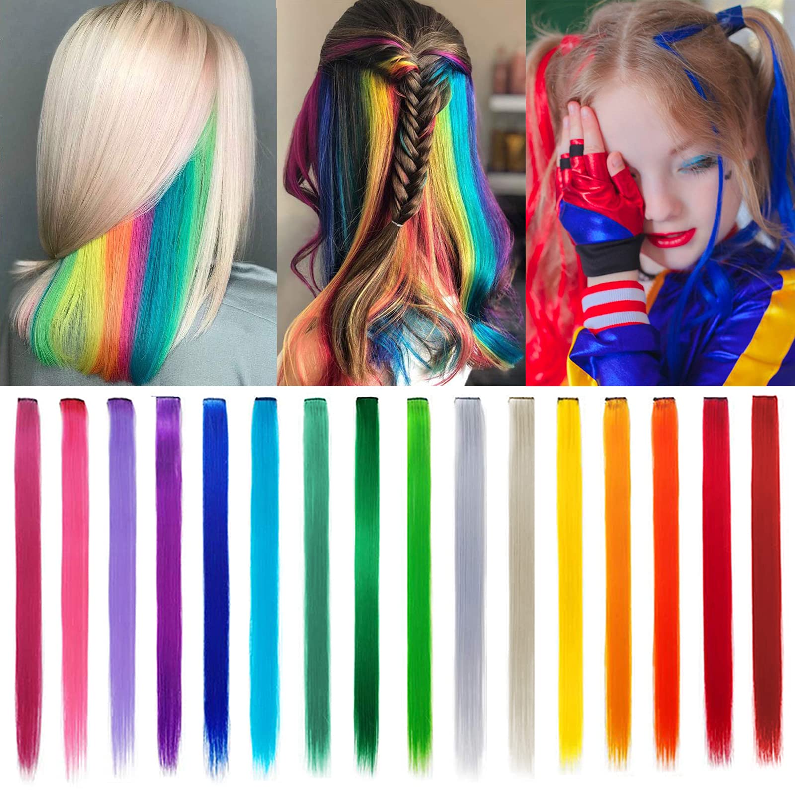 16 Pcs Colored Hair Extensions Clip in 21 Inch Multi-color Straight Highlights Synthetic Long Rainbow Hairpiece Colorful Party Hair Accessories for Girls Kids Women Gift FP06 (16 Colors)