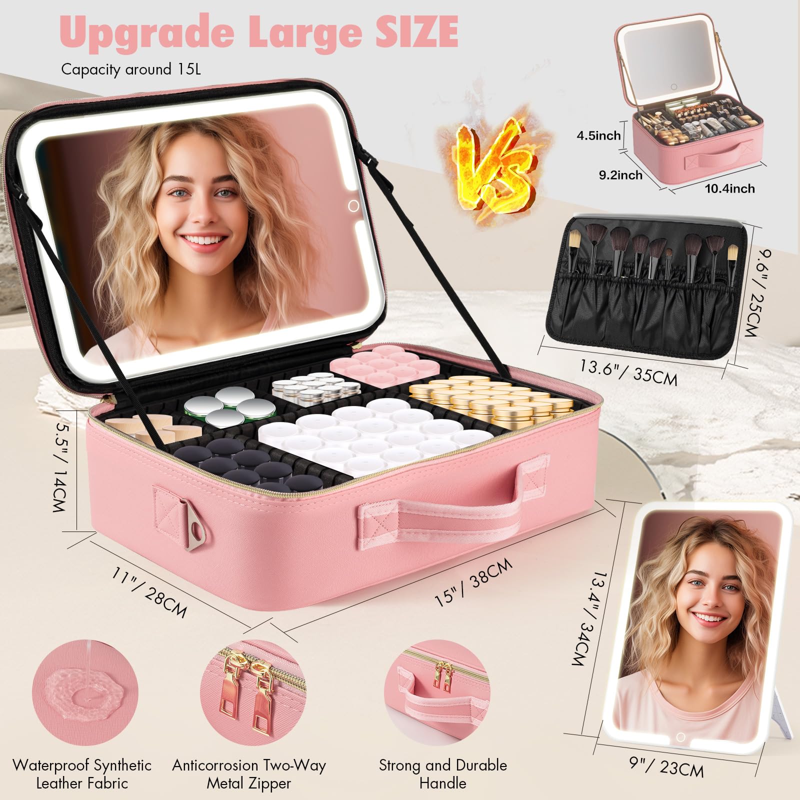 38x28CM Borsa per il trucco con specchio LED rimovibile, custodia da viaggio per il trucco con 3 luci dimmerabili colorate, custodia cosmetica di grande capacità con divisori rimovibili e tracolla