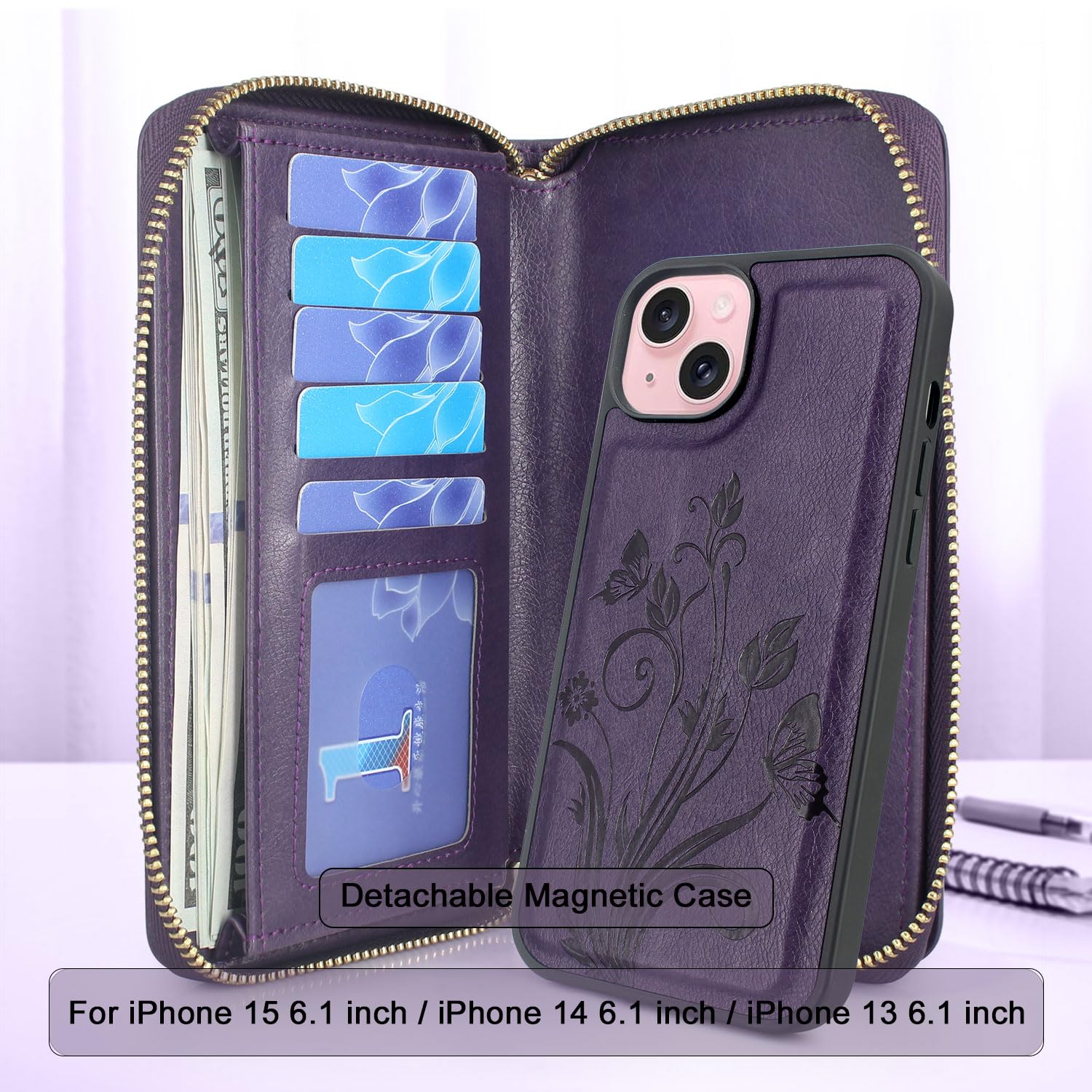 Lacass Case Wallet Compatible with iPhone 15 / iPhone 14 / iPhone 13, Crossbody Dual Zipper Detachable Leather Wallet phone case Cover (Floral Dark Purple)