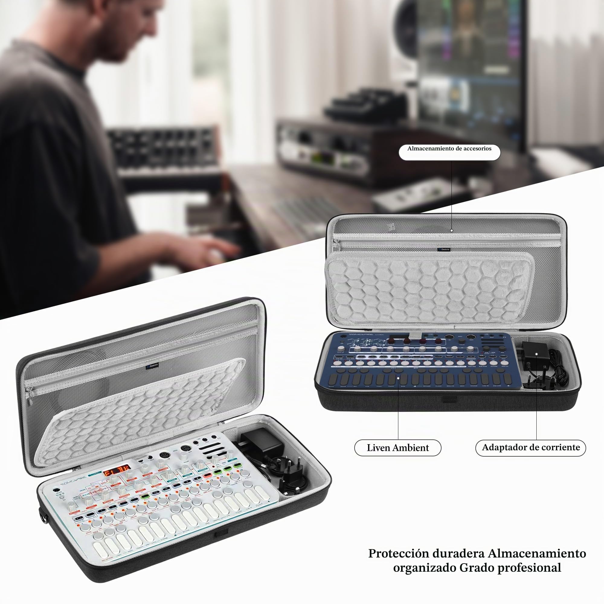 GEEKRIA Funda de transporte para interfaz de audio, compatible con SONICWARE Liven Ambient Ø / 8bit Warps/MEGA Synthesis/Texture Lab/XFM/Lofi-12, bolsa de viaje portátil de carcasa rígida de EVA (gris