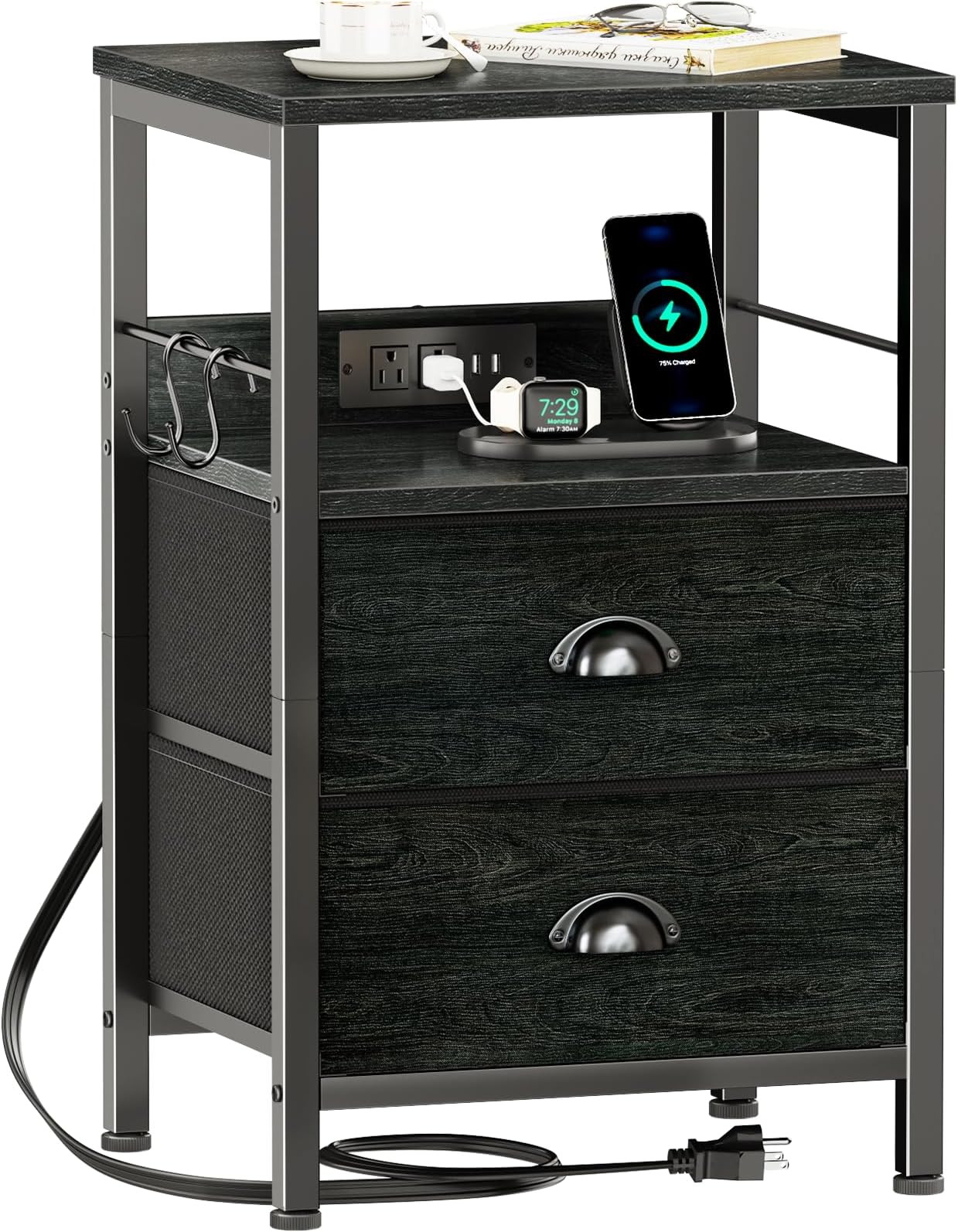 Furologee Nightstand with Charging Station, Black Night Stand with 2 Fabric Drawers, Side Table with USB Ports, End Table with Storage Shelf, for Living Room/Bedroom, Black Oak