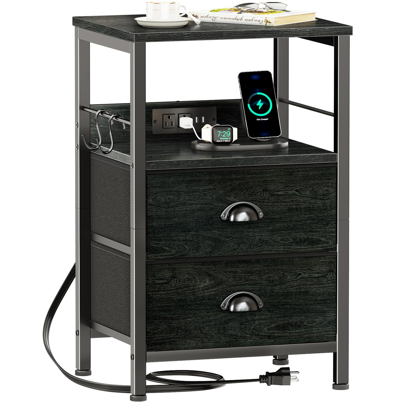 Furologee Nightstand with Charging Station, Black Night Stand with 2 Fabric Drawers, Side Table with USB Ports, End Table with Storage Shelf, for Living Room/Bedroom, Black Oak