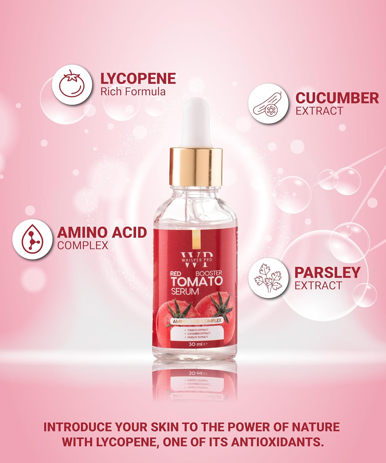 Whisper Pro Red Tomato Face Moisturizing Serum 100% Vegan 1 fl oz. - Anti Aging and Hydrating Formula - Evening Skin Tone - Strengthening Skin Barrier - Lycopene Face Skin Treatment Serum - Image 3