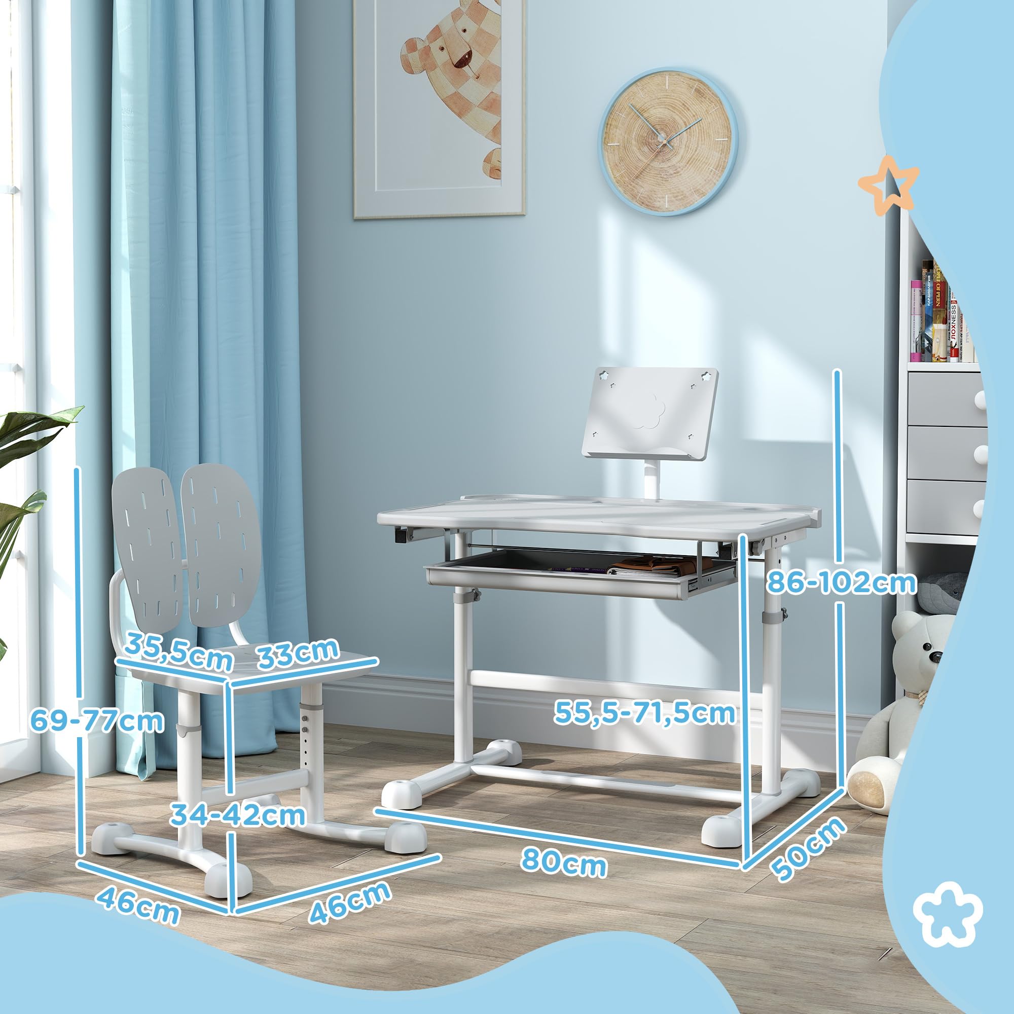 AIYAPLAY Bureau Enfant avec Chaise, Ensemble Bureau et Chaise pour Enfants avec Plateau inclinable 45°, Hauteur réglable, Gris