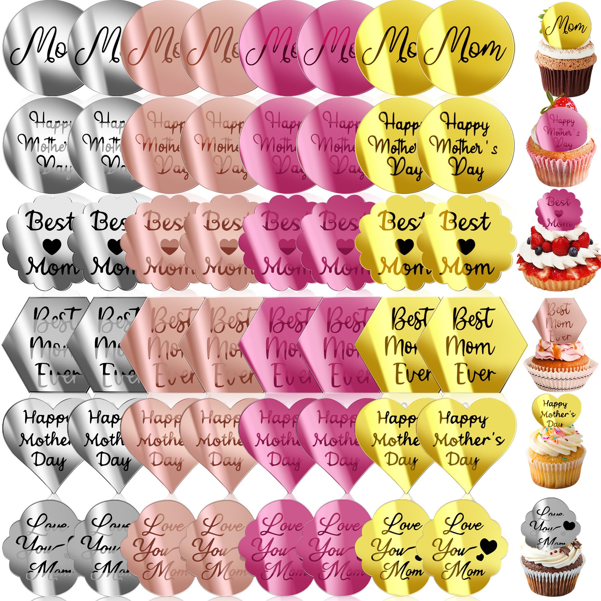 Photo 1 of 48 Pcs Acrylic Mirror Disc Cupcake Toppers for Mother's Day Cake Decorations, 6 Styles 4 Colors Happy Mother's Day Acrylic Cake Toppers Cupcake Engraved Topper Charms for Mom Birthday Party Decor