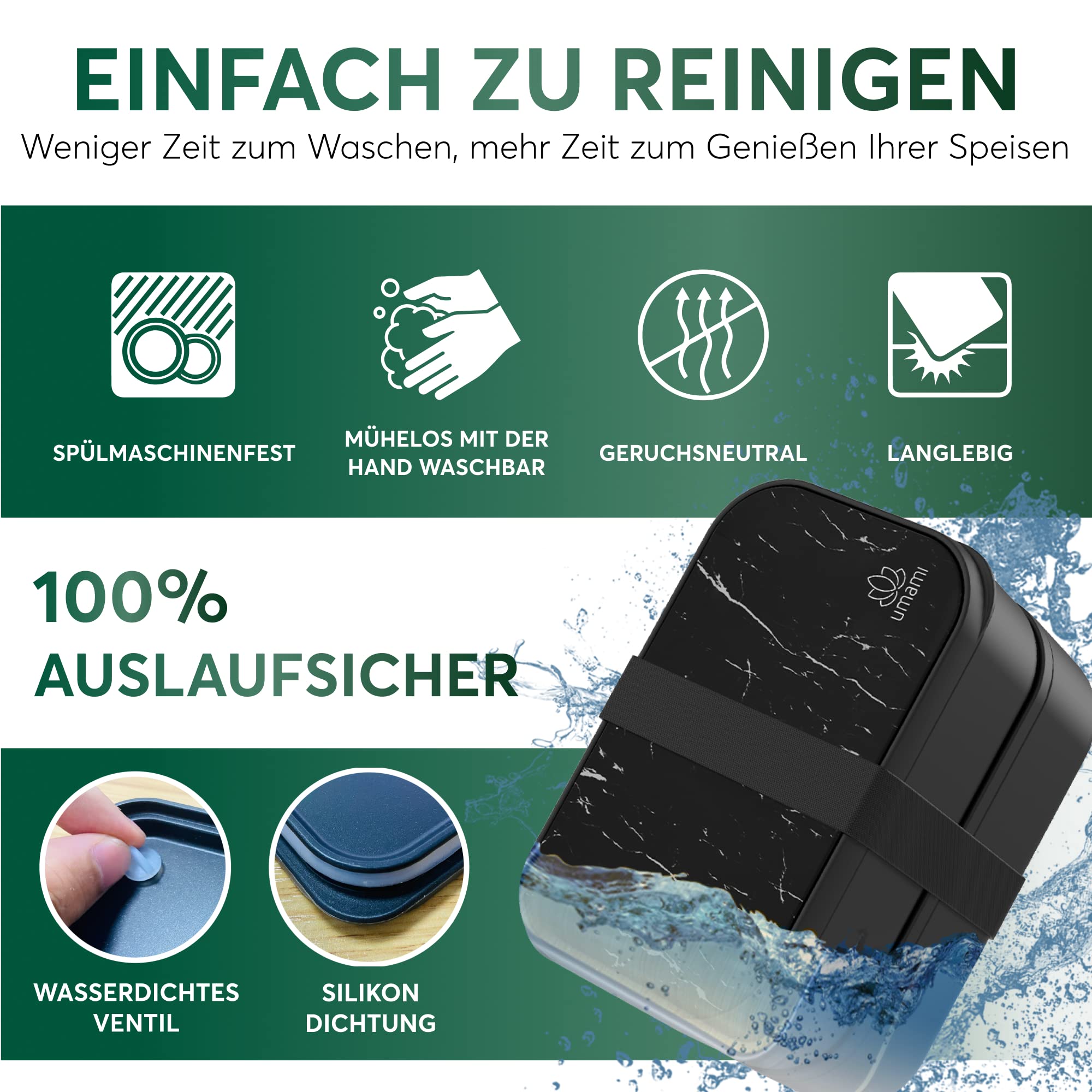 Umami Alles-in-Einem 2000 ml Bento Box für Erwachsene/Kinder, 1 Soßentöpfe & 4 Bestecke, Lunch Box für Männer/Frauen, 2 Meal Prep Containers, Mikrowelle, Spülmaschine, Gefrierschrank sicher, BPA frei