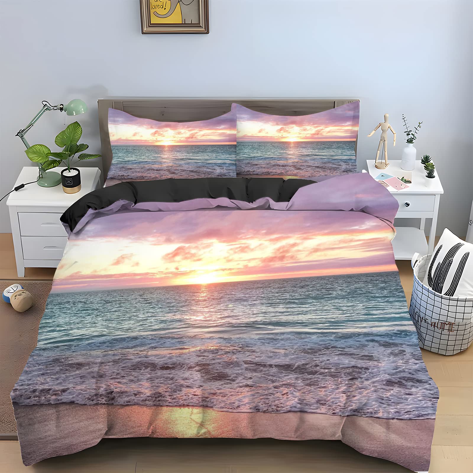 Różowy zachód słońca, zestaw pościeli na łóżko king size, nadruk oceanu, zestaw pościeli na łóżko king-size, miękkie, puszyste, przytulne poszewki na kołdrę z mikrofibry i 2 poszewki na poduszki 48 x 74 cm z zapięciem na zamek błyskawiczny, do dekoracji d