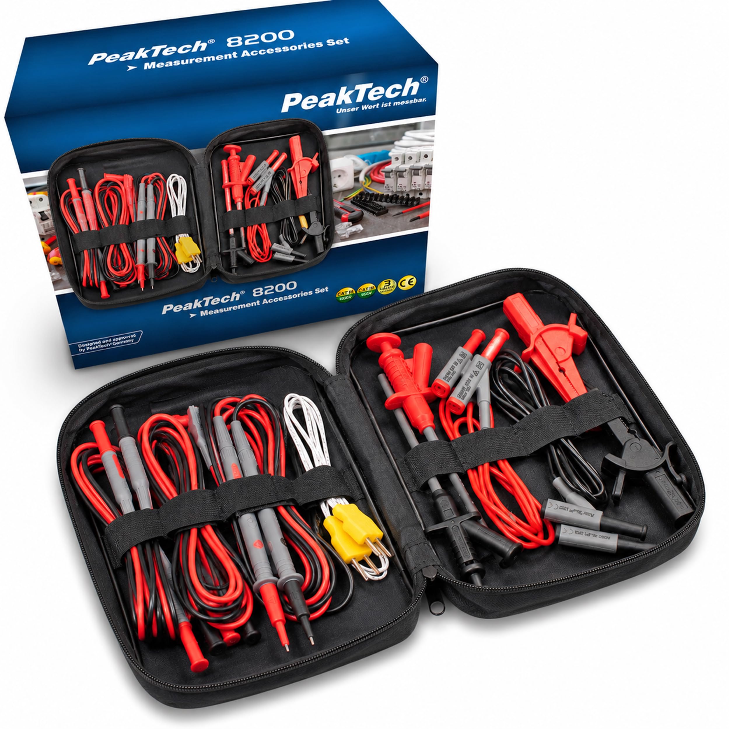 Peaktech P 8200 - Set di Accessori di Misurazione per Multimetro Digitale, Cavi di Prova, Cavi da Laboratorio, Clip a Coccodrillo - 14 Pezzi, Borsa Inclusa