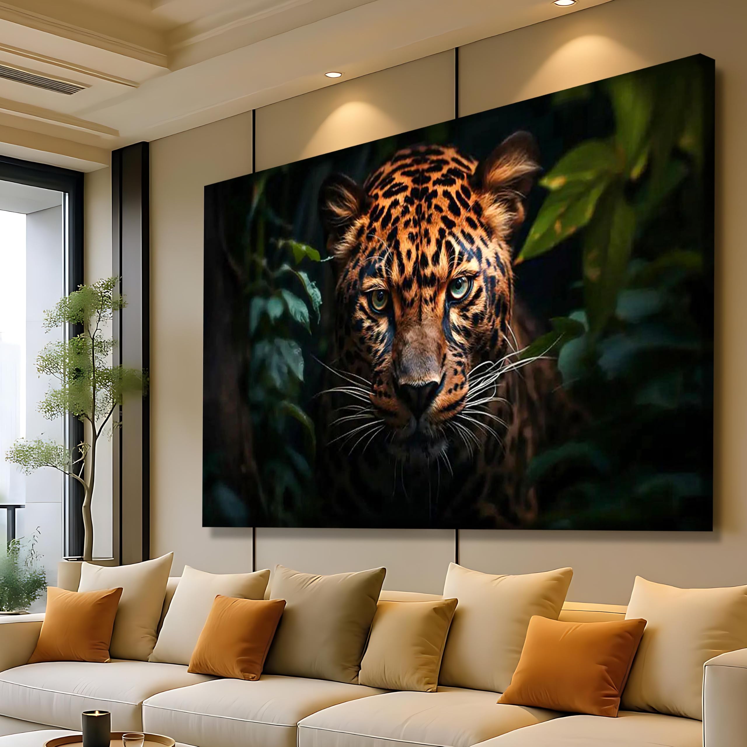 CAOXTART Leopard Canvas Wall Art, Wild Cat Jungle Canvas Print, Dark Green Tropical Painting(30x40cm/Frameless)