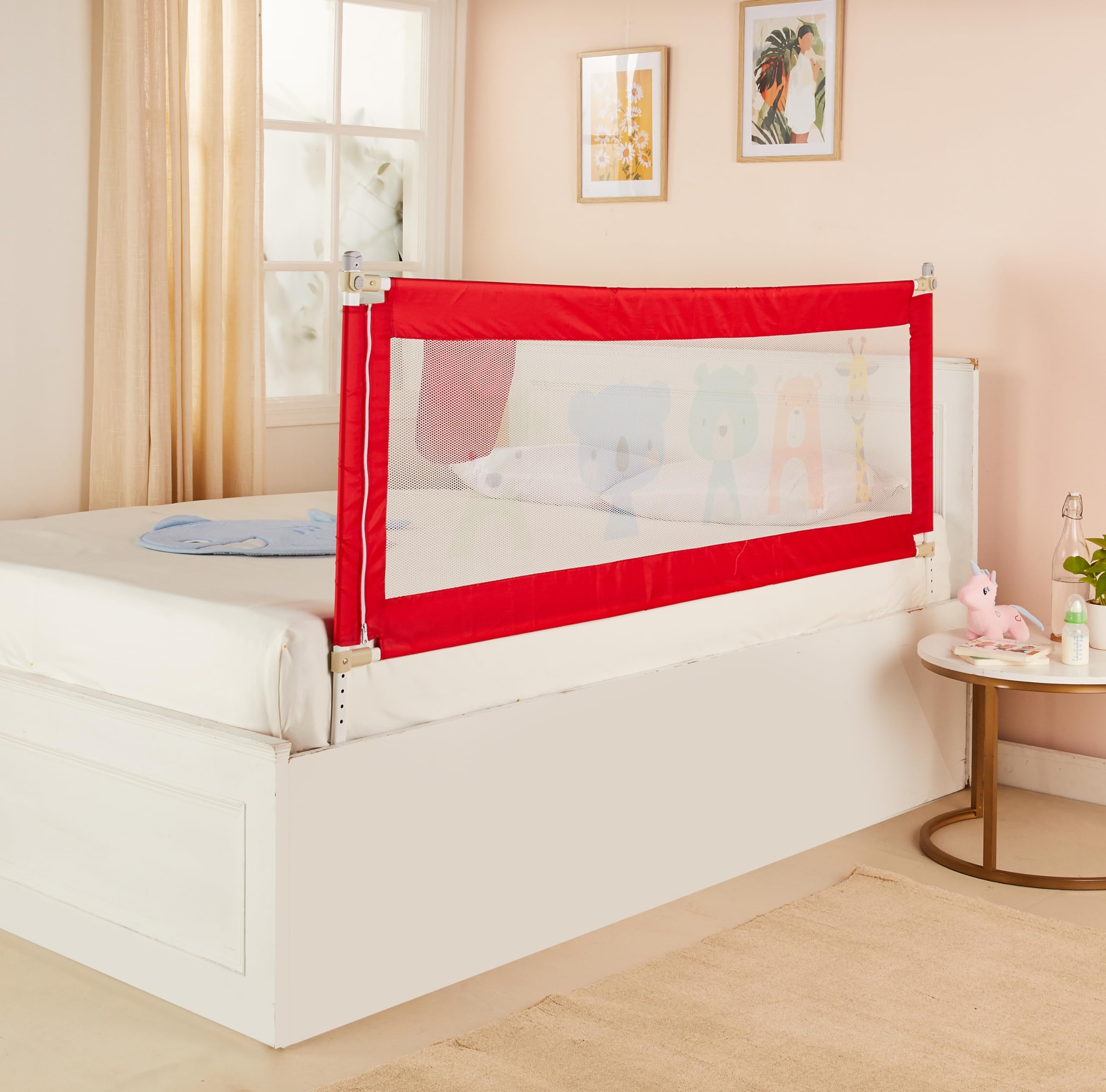 Amazon Brand - Supples Baby Bed Rail Guard | Red | 180 cm x 81 cm / 6 ft x 2.6 ft | See-Through Mesh | Baby Safety | Sturdy & Portable Bed Fence | Adjustable Height | Animal Print | Alloy Steel