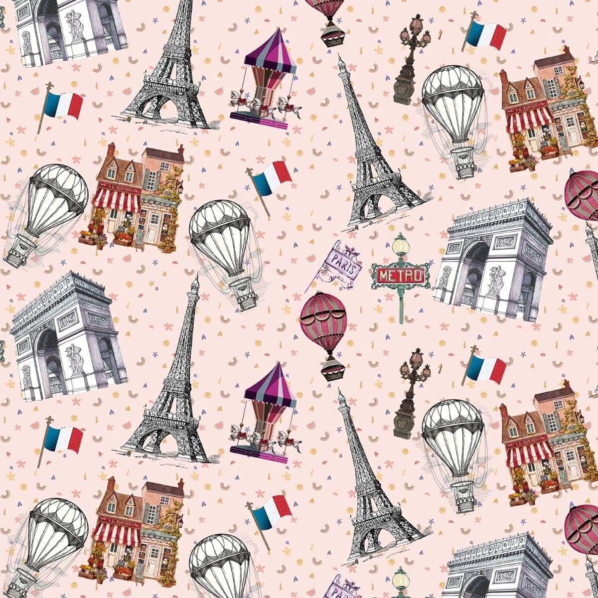 Flying Over Paris Design 100% Cotton Quilting Fabric by The Yard (Peach, Red, Blue, Black, White)
