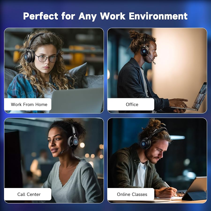 Vipdream Wireless Headset with Microphone for Work, Bluetooth 5.3 Headset for PC Bluetooth 5.3, 45H Talk Time, Mute Button, Charging Base, 49ft Range for PC Laptop, Zoom Meetings & Call Center, image 6