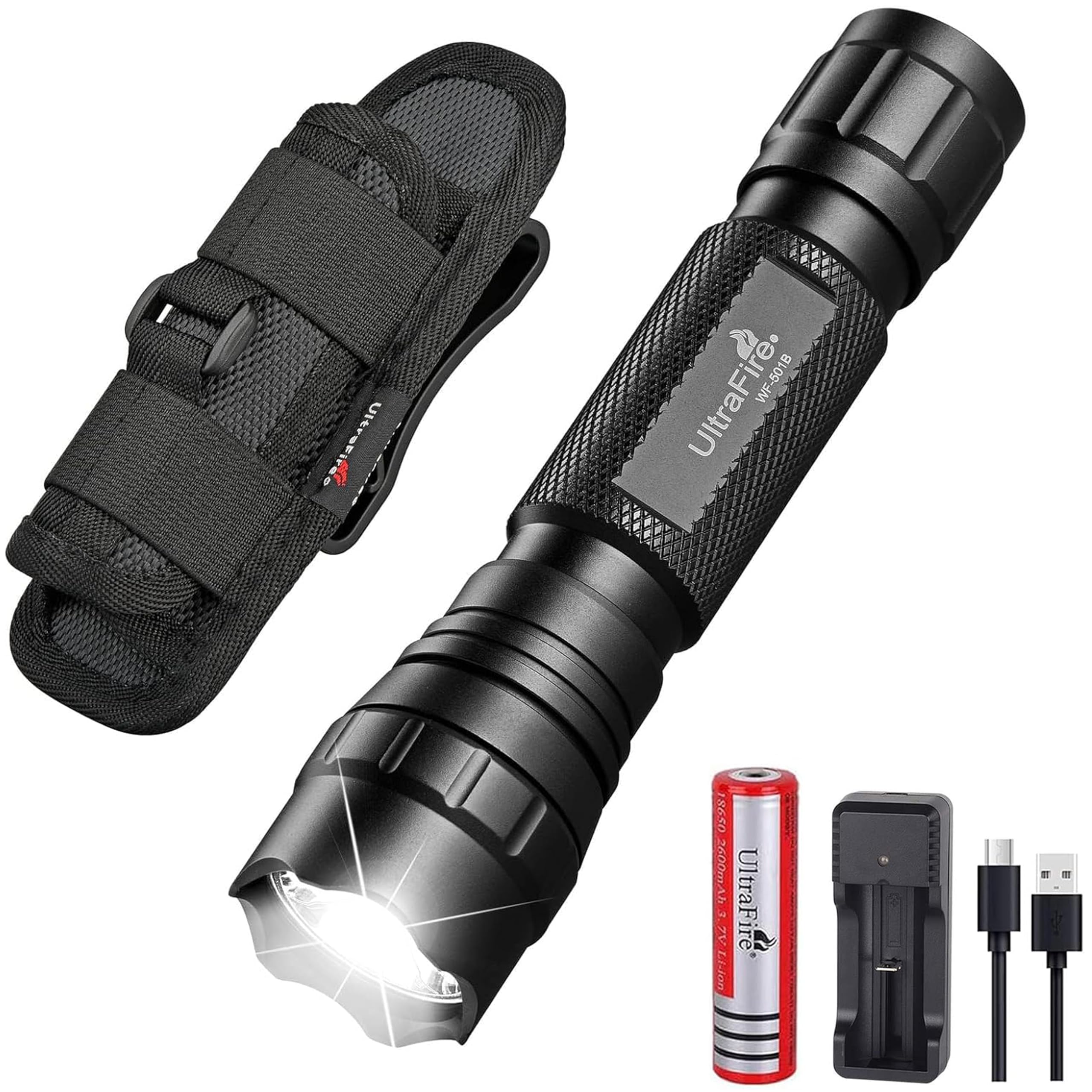 Ultrafire LED Torch with Flashlight Holster, Single Mode 1000 Lumen Mini Tactical Torch, Duty Belt Small Torch with Pouch, 3.7V 1800mAh Rechargeable Battery and Charger, WF-501B,Black
