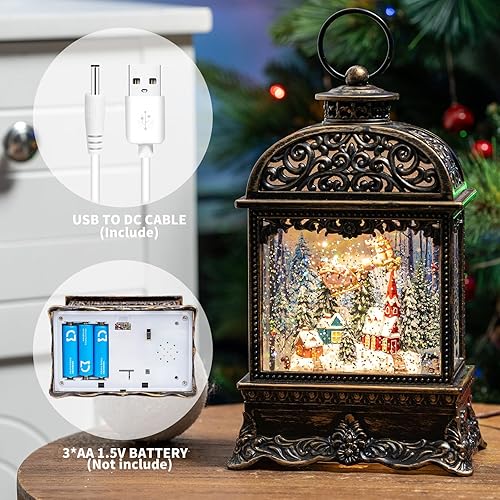 Miniatura 3 de Globo de nieve de aldea de Navidad, escena de Papá Noel volador iluminado, linterna musical de agua de nieve remolinando decoración del hogar y