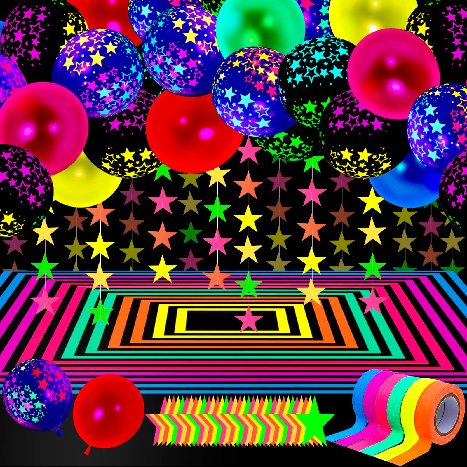 Skylety 32 Pcs Glow in The Dark Party Supplies Neon Party Favors with 25 Fluorescent Balloon 6 Rolls 98.4 ft UV Blacklight Luminous Tape 14.4 ft Neon
